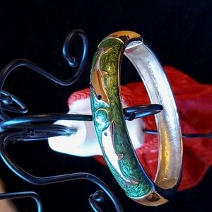 Green Enamel Gold Dolphin Clamper Bangle Bracelet